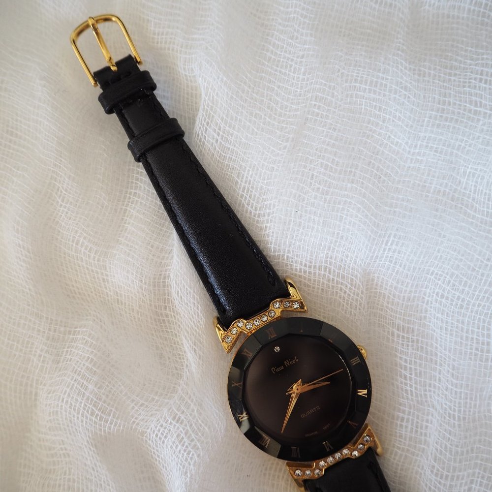 Pierre Nicol gold crystal lug faceted black leather watch - Picture 10 of 14